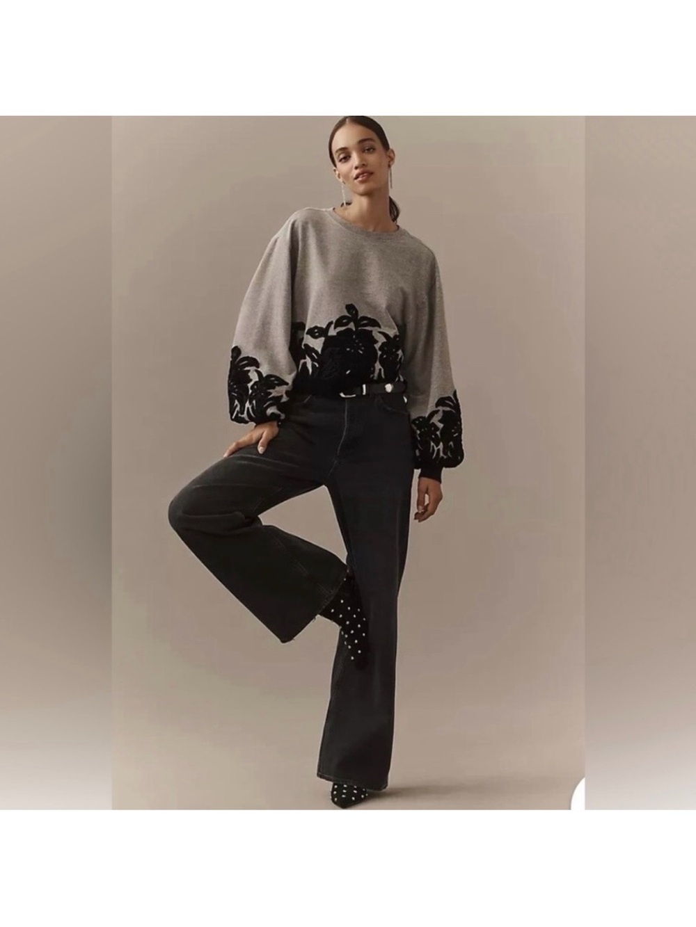 Anthropologie Gray Sweatshirt with Black Velvet Floral Appliqué - Picture 15 of 15